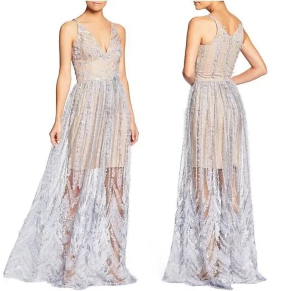 Dress the Population Chelsea Lace Gown Evening Formal Dress Silver Blue Large - Picture 1 of 14